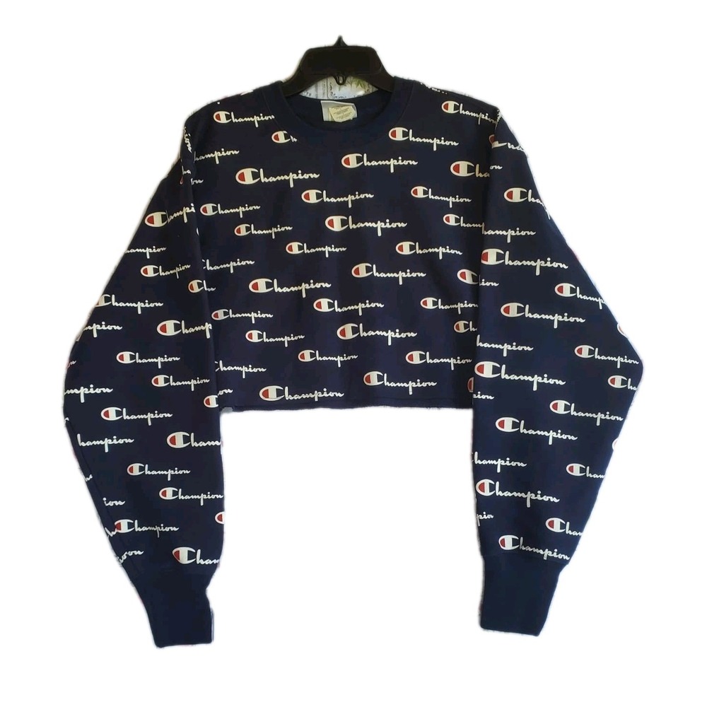 Champion Women's Navy Blue All Over Logo Print Cropped Sweatshirt Size Large